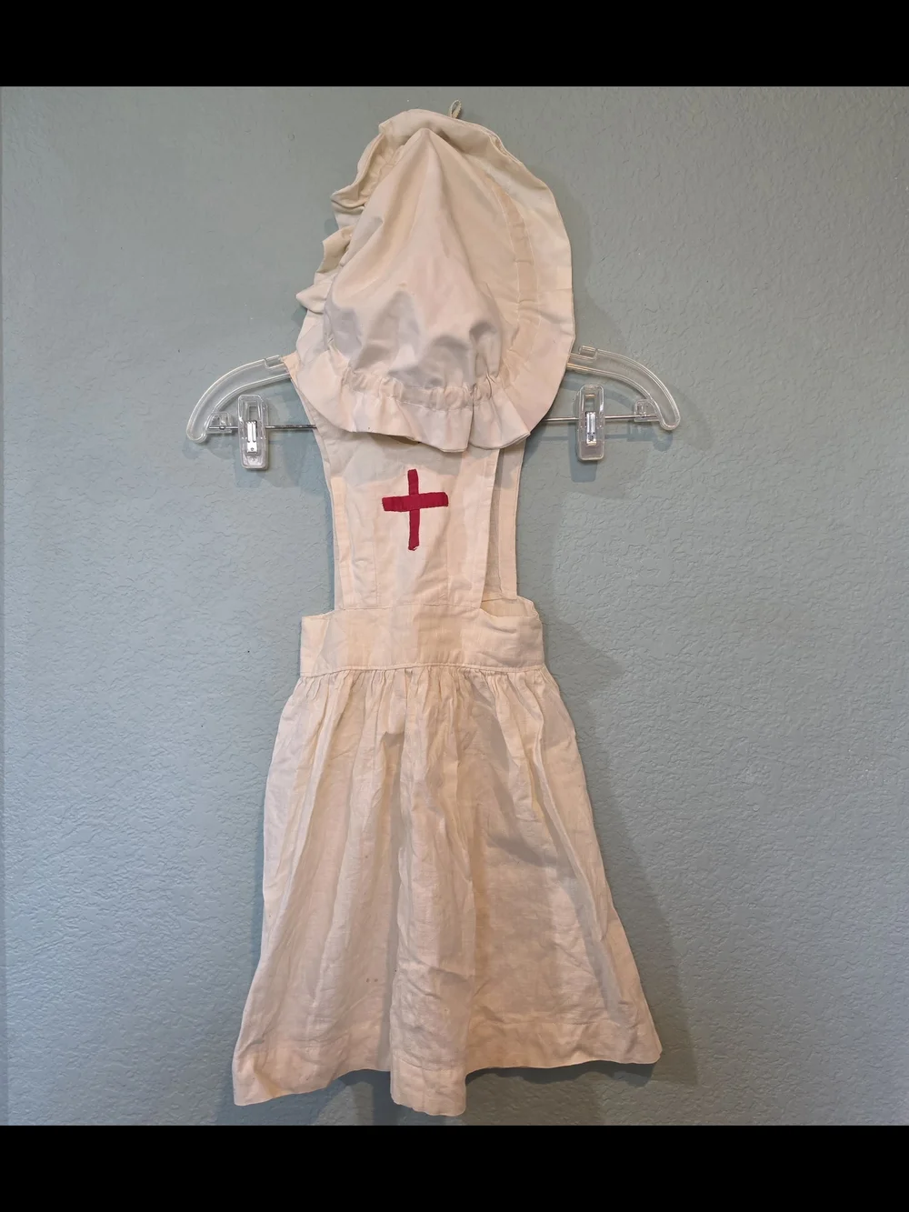 Vintage 1940s WWII Child Red Cross Nurse Pinafore Apron Dress Set w Bonnet Cap
